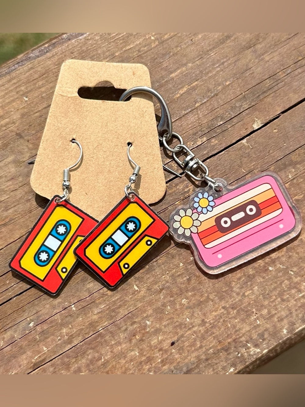 Retro Cassette Earrings & Keychain Set - HANDMADE